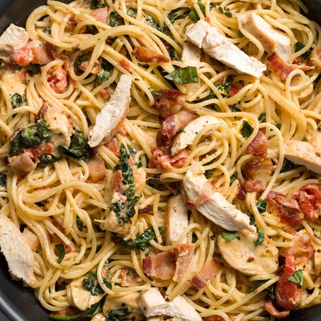 chicken bacon spinazie spaghetti