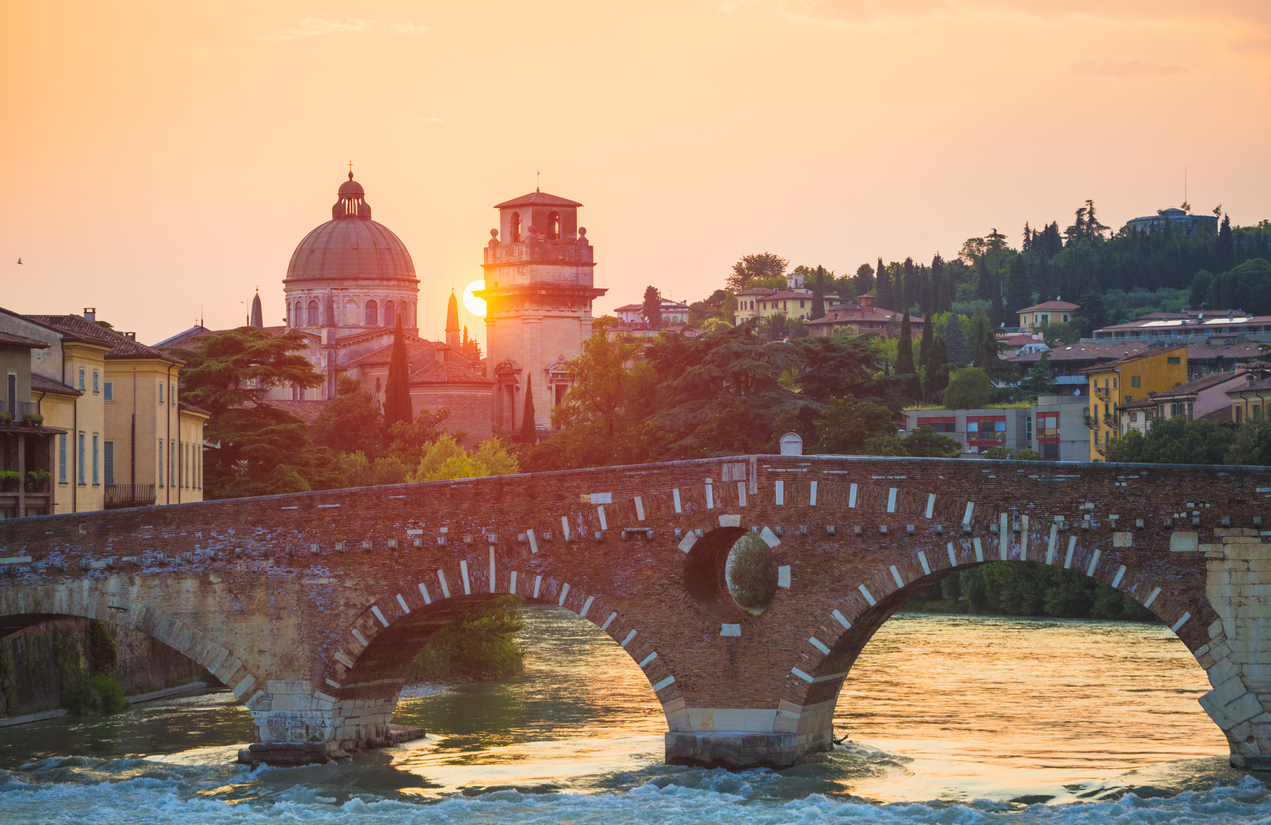 Ponte Pietra on Adige river in Verona old town, Italy.