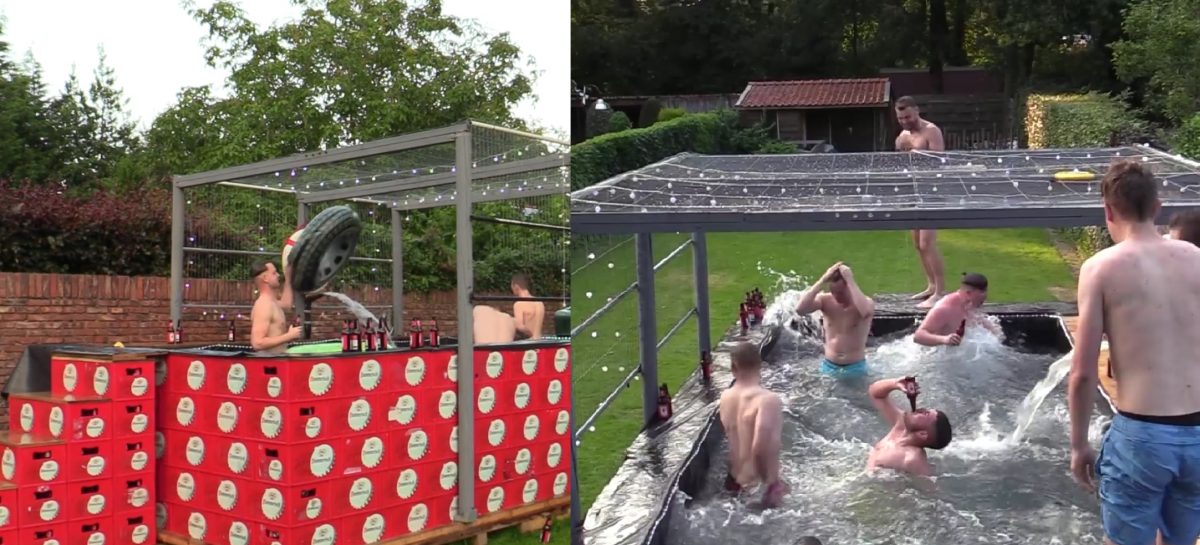 Geniale vriendengroep bouwt een zwembad van 280 bierkratten
