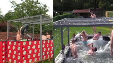 Geniale vriendengroep bouwt een zwembad van 280 bierkratten
