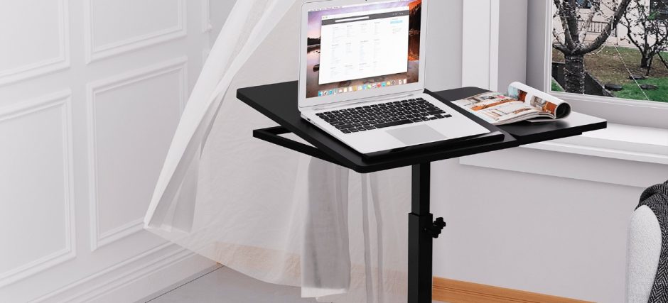 PureMounts® In hoogte verstelbare bijzettafel met gasdrukveer, geïntegreerde bekerhouder, in hoogte verstelbare laptoptafel, 71-106 cm, wit